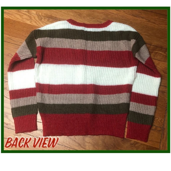 🎈Sold🎈Bright Red & Olive Stripe Cozy Side Slit Sweater (S) - Picture 4 of 12